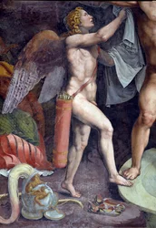 Koupání Marsu a Venuše, detail zobrazující Amora, jak pomáhá Marsu ze Sala di Amore e Psiche, 1528 detail fresky 78435